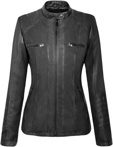 Newbestyle Faux Leather Jacket for Women Casual Moto Biker Jacket Quilted Full-Zip Coat in Saudi Arabia