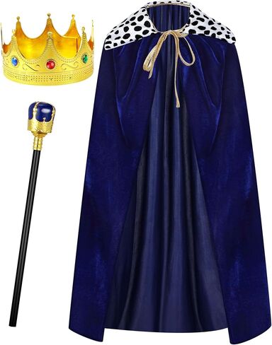 Silkfly Men King Cape Costume Set Medieval King Robe Cape Gold Jeweled Plastic Crown King Scepter for Carnival Halloween in Saudi Arabia