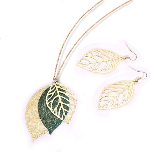 NVENF Leaf Earrings and Long Necklaces Set for Women Boho Gold-tone Multi Tiered Leaves Delicate Chain Dangle Necklace SimpleLeaf Statement Dangling Earrings in Saudi Arabia