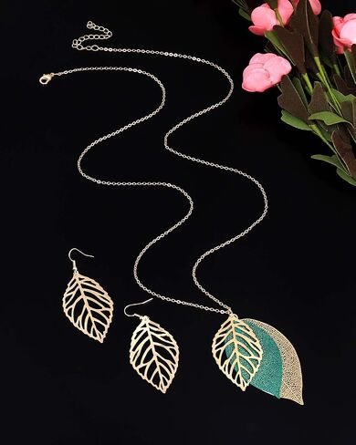 NVENF Leaf Earrings and Long Necklaces Set for Women Boho Gold-tone Multi Tiered Leaves Delicate Chain Dangle Necklace SimpleLeaf Statement Dangling Earrings in Saudi Arabia