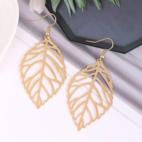 NVENF Leaf Earrings and Long Necklaces Set for Women Boho Gold-tone Multi Tiered Leaves Delicate Chain Dangle Necklace SimpleLeaf Statement Dangling Earrings in Saudi Arabia