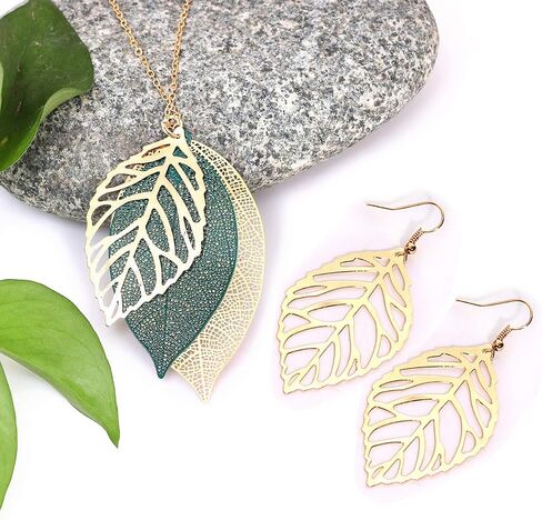 NVENF Leaf Earrings and Long Necklaces Set for Women Boho Gold-tone Multi Tiered Leaves Delicate Chain Dangle Necklace SimpleLeaf Statement Dangling Earrings in Saudi Arabia