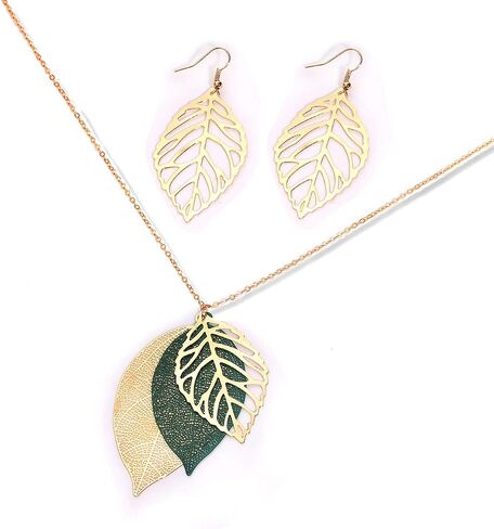NVENF Leaf Earrings and Long Necklaces Set for Women Boho Gold-tone Multi Tiered Leaves Delicate Chain Dangle Necklace SimpleLeaf Statement Dangling Earrings in Saudi Arabia