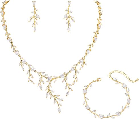 MEEDOZ Jewelry CZ Set for Women, White Gold Plated Necklace Dangle Earring Adjustable Bracelet Set with Marquise Teardrop Cubic Zirconia for Bridal Wedding Party in Kuwait