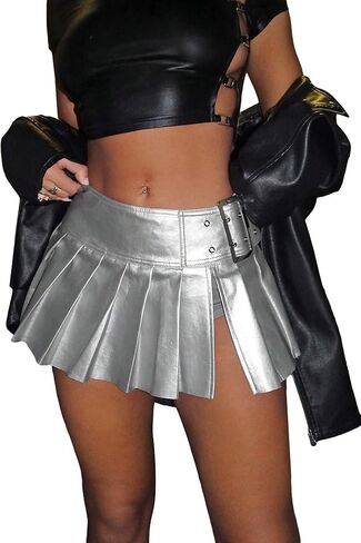 WDIRARA Women's Metallic Split Side Low Rise Drop Waist Pleated Short Skirt in Kuwait