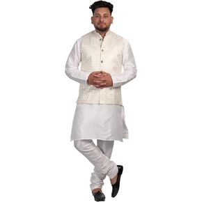 Kurta Waistcoat - White Kurta Pyjama For Men - Indian Ethnic Kurta Wear For Men - Indian Waist Coat - Mens Kurta Indian Wedding - Indian Mens Clothing (XL) in Kuwait