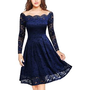 MISSMAY Women's Vintage Floral Lace Long Sleeve Boat Neck Cocktail Party Swing Dress