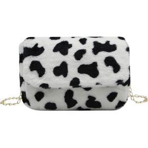RARITYUS Women Fashion Leopard Print Shoulder Bag Fluffy Plush Handbag Cow Print Crossbody Purse Faux Fur with Chain Strap