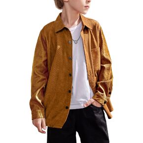 Arshiner Boys Corduroy Button Down Shirts Long Sleeve Retro Shacket Jacket Top