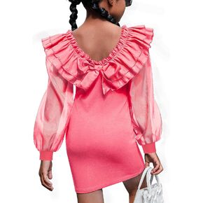 فساتين للفتيات فستان فانوس شبكي شفاف بأكمام طويلة للفتيات، فستان رصاص للفتيات من عمر 7 إلى 12 عامًا برقبة مربعة مكشكشة in Kuwait