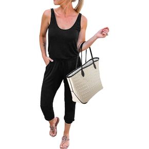 KIRUNDO 2023 Women's Summer Jumpsuits Casual Sleeveless Jumpsuit Drawstring Elastic Waist Romper Pajama with Pockets