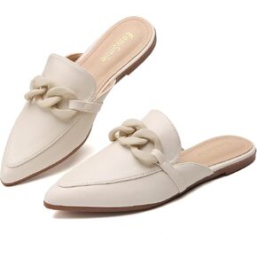 EasySmile Plastic Chain Decor Flat Mules for Women Closed Pointed Toe Slip on Loafers Slides Backless Mules Shoes