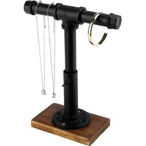 MyGift Industrial Pipe Black Metal T-Bar Jewelry Bracelet & Necklace Adjustable Height Display Stand with Brown Wood Base