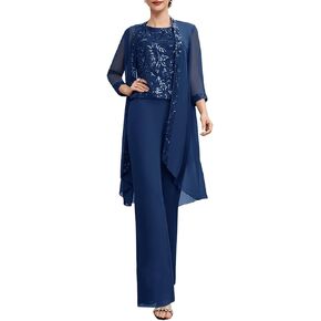 طقم بدلة أم العروس مكون من 3 قطع مع زينة من الدانتيل طقم رسمي أنيق أنيق أزرق داكن in Kuwait