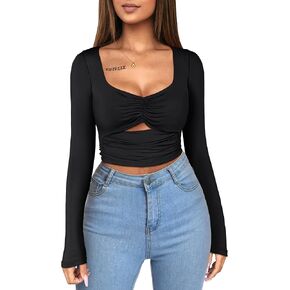 تي شيرت نسائي من FENSACE بأكمام طويلة ومكشكش ومكشكش وذو قصة ضيقة in Kuwait