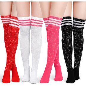 Apoway 4 Pairs Women Sparkle Rhinestone Over Knee High Socks Glitter Stockings Rhinestone High Boot Socks in Kuwait