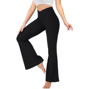 YOLIX Flare Leggings for Women with Pockets - Crossover High Waisted Black Flared Leggings for Yoga Gym Workout in Kuwait