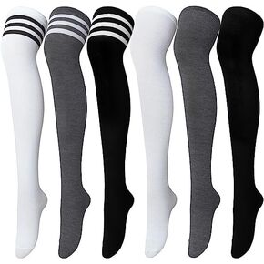 Senker Fashion 6 Pairs Thigh High Socks Striped Over Knee Socks Long Stocking Leg Warmer Socks for Daily Wear, Cosplay, Three Stripes(white/Dark Gray/Black)/White/Dark Gray/Black in Kuwait