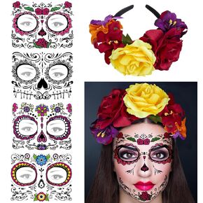 Rose Flower Halloween Headband & Day of the Dead Face Tattoos, Temporary Tattoo Stickers and Mexican Floral Headpiece for Halloween Costumes Party Supplies Cosplay Festival, Day Of the Dead headband in Saudi Arabia