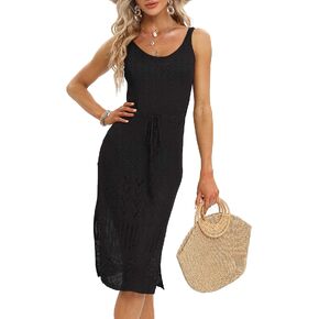 Womens Crochet Cover Up Sexy Bathing Suit Cover Ups Hollow Out Swimwear Sleeveless Side Split Beach Dress 2023