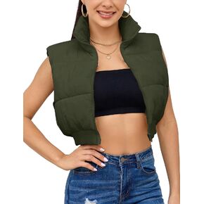Kissonic Women's Padded Down Vest Puffer Stand Collar Zip Up Crop Sleeveless Jacket