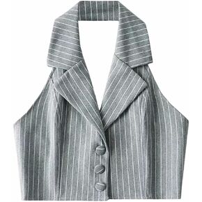 Jeovuanun Womens Pinstripe Button Down Halterneck Waistcoat Cropped Versatile Tuxedo Suit Vest