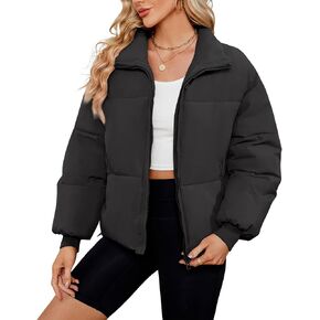 Century Star Women's Puffer Jackets Winter Coat Cropped Quilted Jacket Pockets Zip Short Stand Collar Long Sleeve Padded in Saudi Arabia