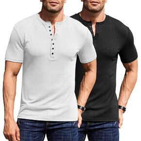 COOFANDY Men's 2 Pack Henley Shirts Short Sleeve Casual Ribbed Knit T Shirts Stretch Muscle Tee Shirts in Saudi Arabia