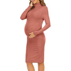Turtleneck & Long Sleeve Maternity Dress/Side Ruched Maternity Bodycon Dress