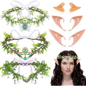 Yunlly 6 Pcs Elf Ears and Fairy Crown Set Latex Fairy Pixie Ears Fairy Leaf Rhinestone Flower Headband Elf Garland Headpiece in Saudi Arabia