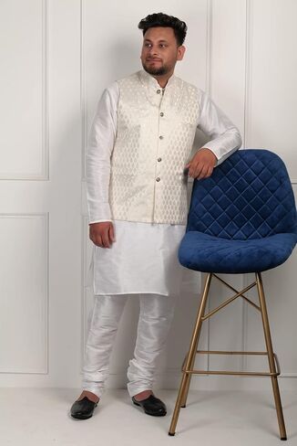 Kurta Waistcoat - White Kurta Pyjama For Men - Indian Ethnic Kurta Wear For Men - Indian Waist Coat - Mens Kurta Indian Wedding - Indian Mens Clothing (XL) in Kuwait