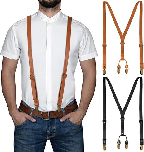Ramede 2 Pcs Men's Leather Suspender with 4 Metal Clips Adjustable Y Back Solid Suspenders Elastic Tuxedo Suspenders Heavy Duty Work Suspenders for Men Groomsmen Wedding Gift in Saudi Arabia