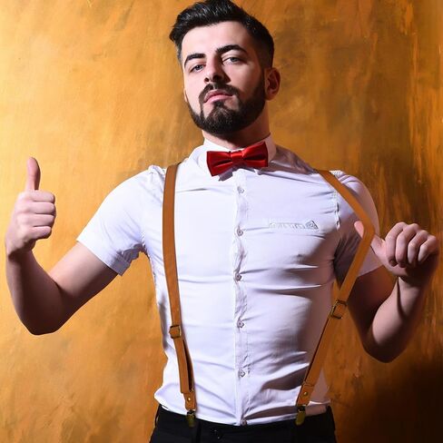Ramede 2 Pcs Men's Leather Suspender with 4 Metal Clips Adjustable Y Back Solid Suspenders Elastic Tuxedo Suspenders Heavy Duty Work Suspenders for Men Groomsmen Wedding Gift in Saudi Arabia