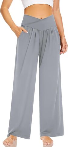 سراويل اليوغا النسائية واسعة الساق من SUNYAA، سراويل يوجا عالية الخصر فضفاضة ومريحة للاستراحة بالازو مع جيوب in Kuwait