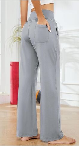 سراويل اليوغا النسائية واسعة الساق من SUNYAA، سراويل يوجا عالية الخصر فضفاضة ومريحة للاستراحة بالازو مع جيوب in Kuwait