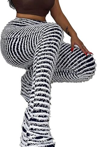 سراويل ضيقة نسائية من Molisry مكدسة غامضة محبوكة بخصر عالٍ بنطال رياضي مخطط بشراشيب 2023 in Kuwait