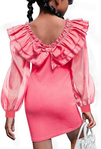 فساتين للفتيات فستان فانوس شبكي شفاف بأكمام طويلة للفتيات، فستان رصاص للفتيات من عمر 7 إلى 12 عامًا برقبة مربعة مكشكشة in Kuwait