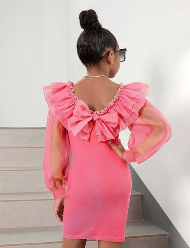 فساتين للفتيات فستان فانوس شبكي شفاف بأكمام طويلة للفتيات، فستان رصاص للفتيات من عمر 7 إلى 12 عامًا برقبة مربعة مكشكشة in Kuwait