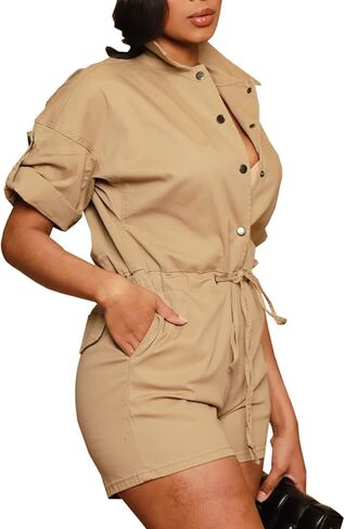 ZonJie ثوب فضفاض من الدنيم للنساء صيفي مثير من الجينز للنساء أنيق بأزرار للأسفل من قماش الدنيم ثوب فضفاض قصير وزرة السراويل in Kuwait