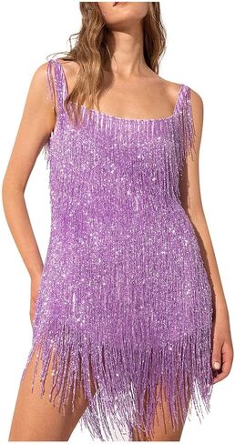 LIK EPOCH Women's Fashion Sexy Sleeveless Halter Neck Tassel Fringe Sparkly Party Dress Cocktail Evening Mini Bodycon Dress in Saudi Arabia