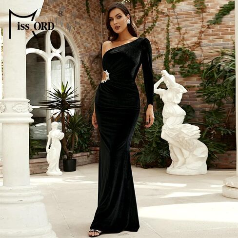 فستان Miss ord نسائي طويل رسمي مخملي بكتف واحد على شكل حورية البحر، فستان حفلات مسائية بأكمام طويلة in Kuwait