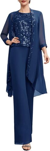 طقم بدلة أم العروس مكون من 3 قطع مع زينة من الدانتيل طقم رسمي أنيق أنيق أزرق داكن in Kuwait