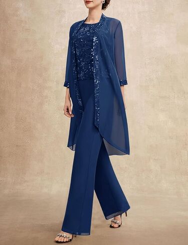 طقم بدلة أم العروس مكون من 3 قطع مع زينة من الدانتيل طقم رسمي أنيق أنيق أزرق داكن in Kuwait