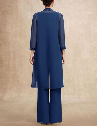 طقم بدلة أم العروس مكون من 3 قطع مع زينة من الدانتيل طقم رسمي أنيق أنيق أزرق داكن in Kuwait