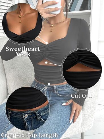 تي شيرت نسائي من FENSACE بأكمام طويلة ومكشكش ومكشكش وذو قصة ضيقة in Kuwait