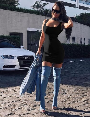 فستان BORIFLORS نسائي كاجوال أساسي بدون أكمام مثير بدون أكمام Bodycon Mini Club in Kuwait