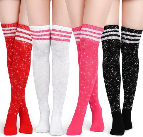 Apoway 4 Pairs Women Sparkle Rhinestone Over Knee High Socks Glitter Stockings Rhinestone High Boot Socks in Kuwait