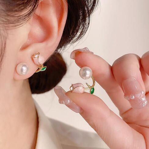 Sgoeths 2 Pairs Tulip Earrings for Women Pearl Flower Stud Cuff Earrings For Girls Tulip Pearl Jacket Front and Back Earrings For Party Christmas Jewelry Gift in Saudi Arabia