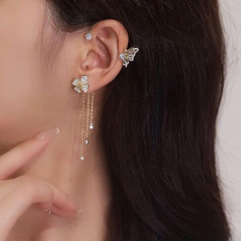 فراشة شرابة نمط الزركون أقراط لامعة الأذن الكفة أقراط للنساء غير ثقب فراشة زهرة شرابة التفاف حول كليب على أقراط بلورات مجموعة أقراط للنساء in Saudi Arabia