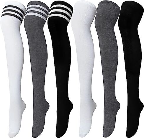 Senker Fashion 6 Pairs Thigh High Socks Striped Over Knee Socks Long Stocking Leg Warmer Socks for Daily Wear, Cosplay, Three Stripes(white/Dark Gray/Black)/White/Dark Gray/Black in Kuwait